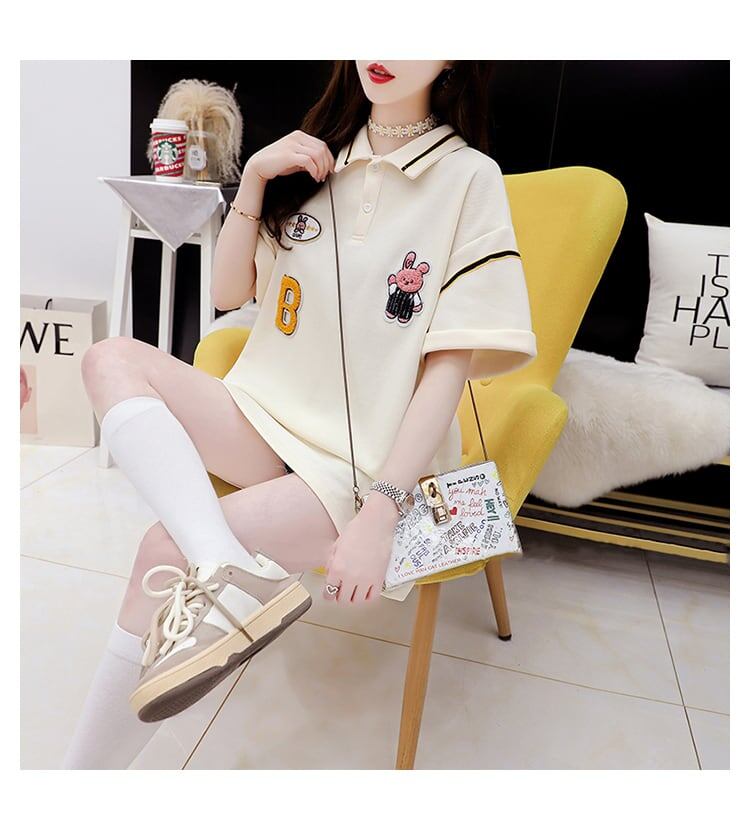韓国系 ロング POLOネック Tシャツ 四色 ゆったり半袖 ＜S-2869＞
