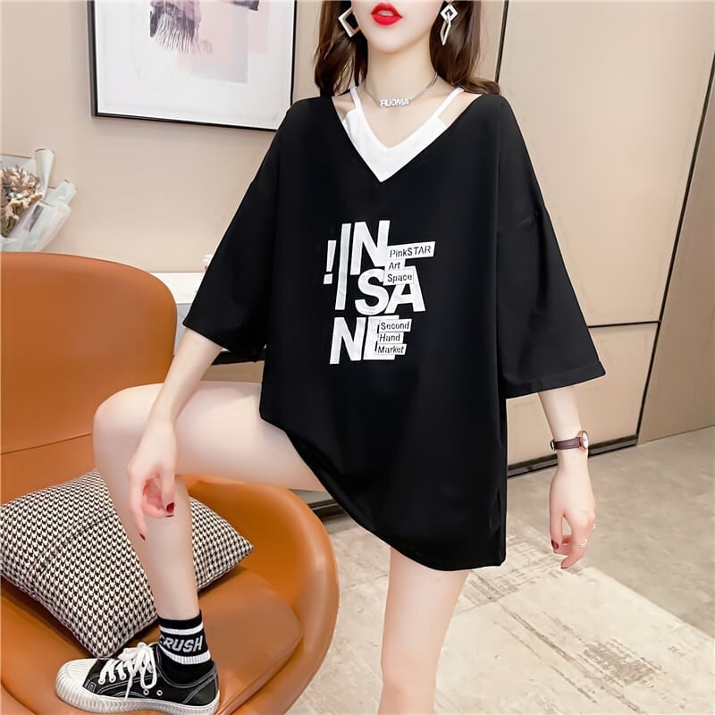 売れ筋 アルファベット Vネック フェイクレイヤード ゆったり 着?せ 半袖 Tシャツ ＜S-2005＞