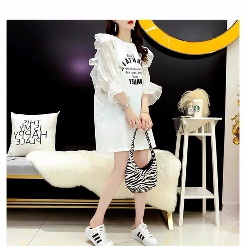 女子力アップ アルファベット パフスリーブ プリント ロングTシャツ ゆったりワンピース ＜S-3054＞