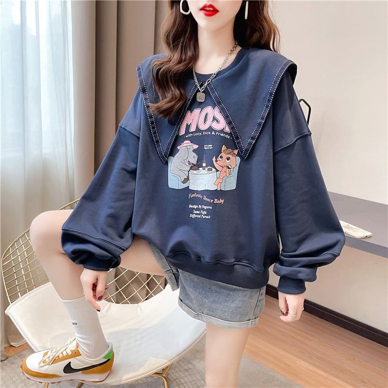 絶対欲しい グラフィックプリント セーラ服の襟 三色 長袖Tシャツトップス<S-4036>