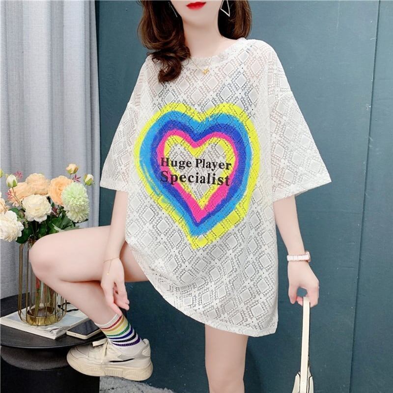 デザイン感 透かし彫り チャーミング プリント Tシャツ カットソー＜S-3115＞