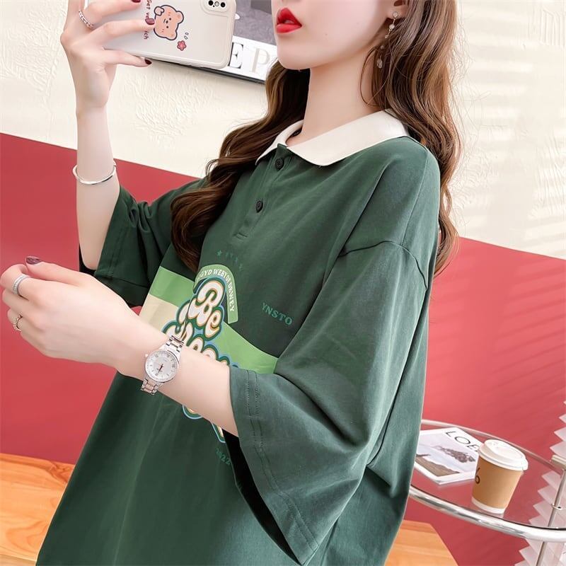 スタイルアップ グラフィック POLOネック ドロップショルダーTシャツ ゆったり半袖 ＜S-3048＞
