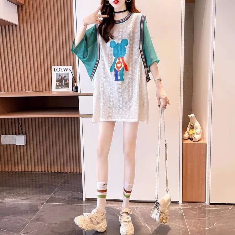 夏新作 レース ベアー カラーマッチング ロングTシャツ ゆったり5分袖 ＜S-2942＞