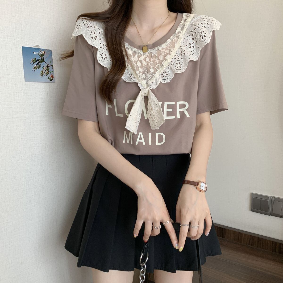 超人気 レース スウィート 切り替え プリント 3色選択 半袖Tシャツ＜S-8825＞