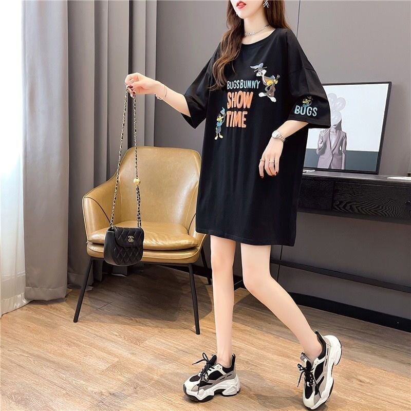 おすすめ アルファベット ラウンドネック プリントTシャツ ゆったり ワンピース＜S-3049＞