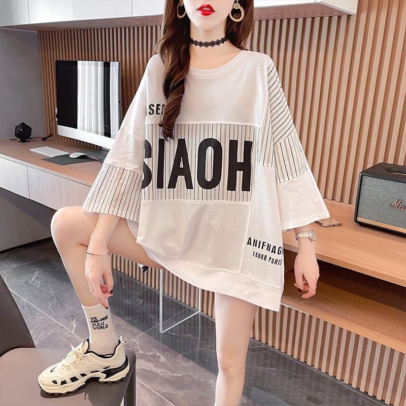 大好評 切り替え ストライプ柄 プリント ロング Tシャツ 三色 ゆったりワンピース ＜S-4012＞