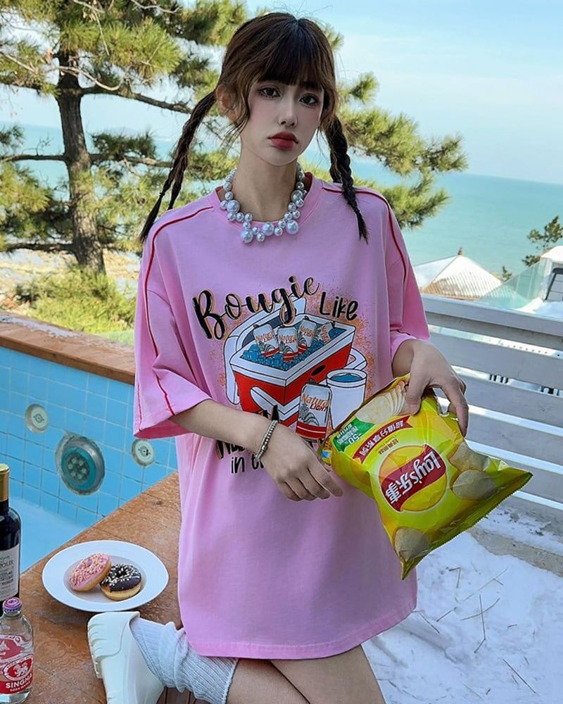 着せ ゆったり ビッグロゴ ロングTシャツ 半袖 ワンピース<S-4859>