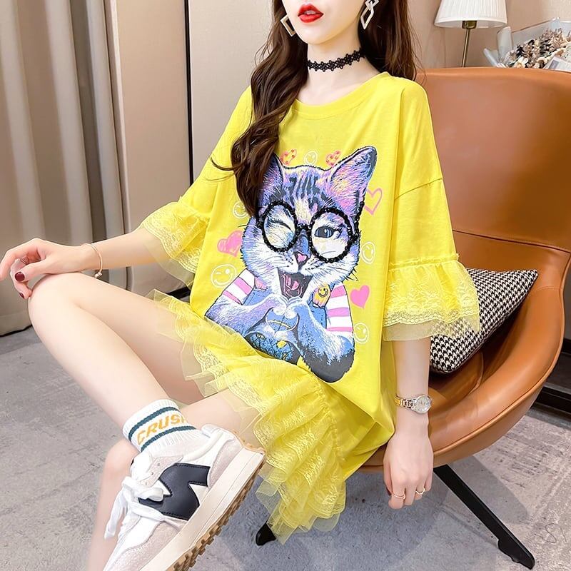 好感度満載 プリント 美感いっぱい Tシャツ カットソー ワンピース＜S-3428＞