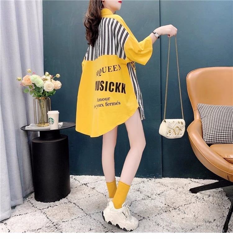 ストライプ柄 カラーマッチング POLOネック ロング Tシャツ ゆったり 5分袖＜S-2938＞