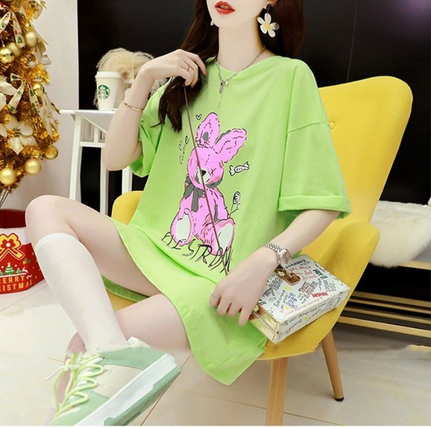 背中開きルーズオールマッチミドル丈ラウンドネック半袖Tシャツ<S-3027>