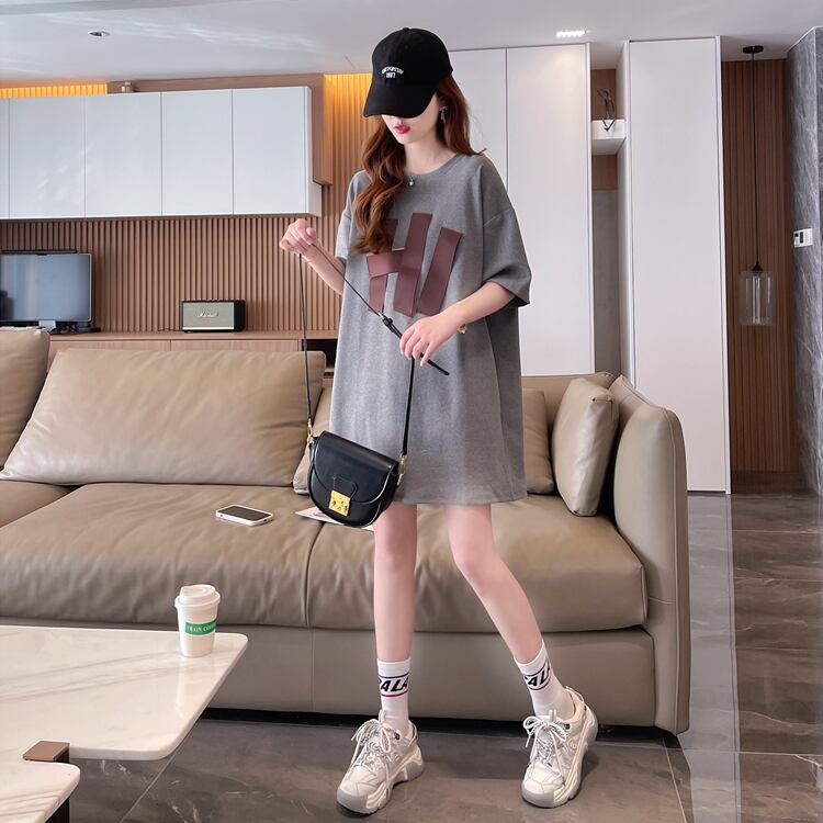 ファッション ロング プリントTシャツ 丸襟 半袖＜S-2807＞