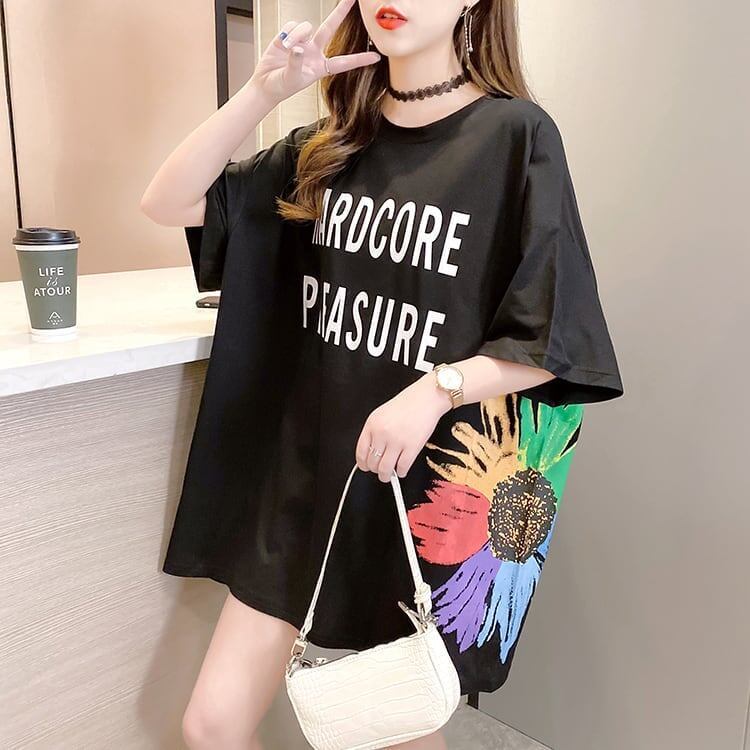 おすすめ アルファベット 花柄 Tシャツ 三色 ゆったり ロング 半袖 ＜S-2946＞