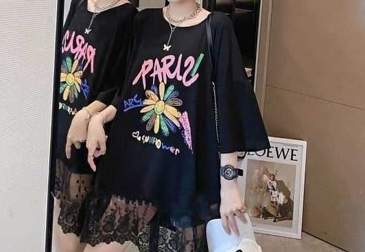 スウィート 花柄 レース アルファベット プリント ロングTシャツ ゆったり半袖＜S-2952＞