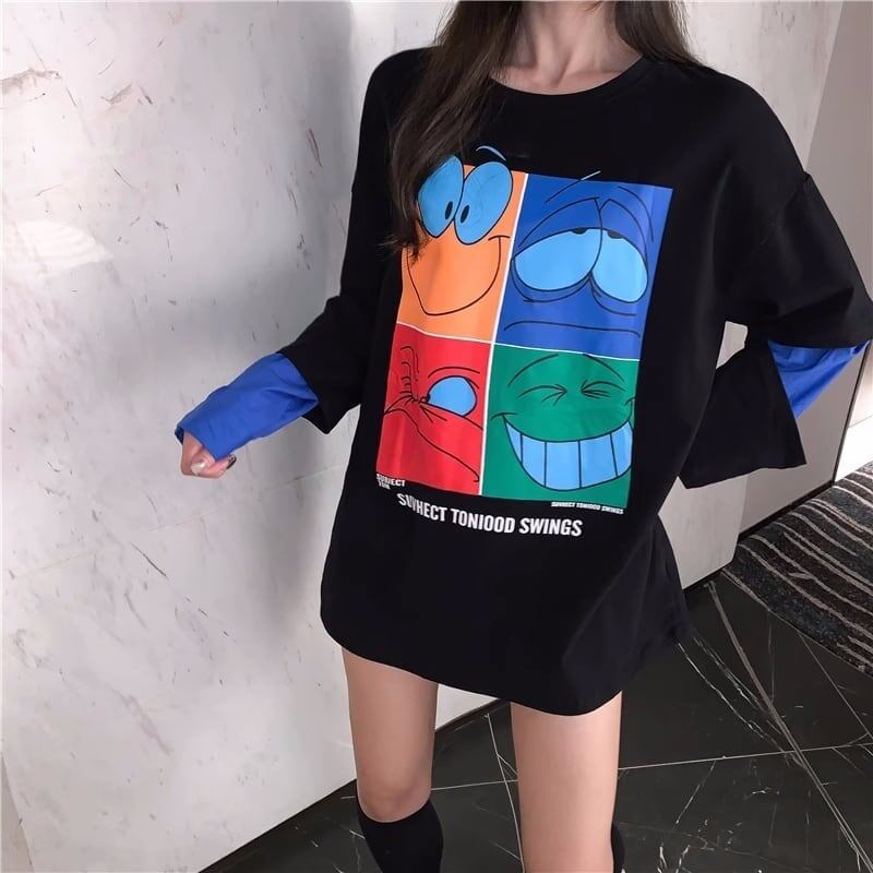 見逃し禁止レイヤード  グラフィックプリント 二色長袖Tシャツ＜S-4065＞