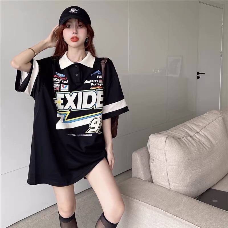 韓国系 オーバーサイズ POLOネック グラフィック ロング Tシャツ 三色 ゆったりワンピース＜S-4025＞