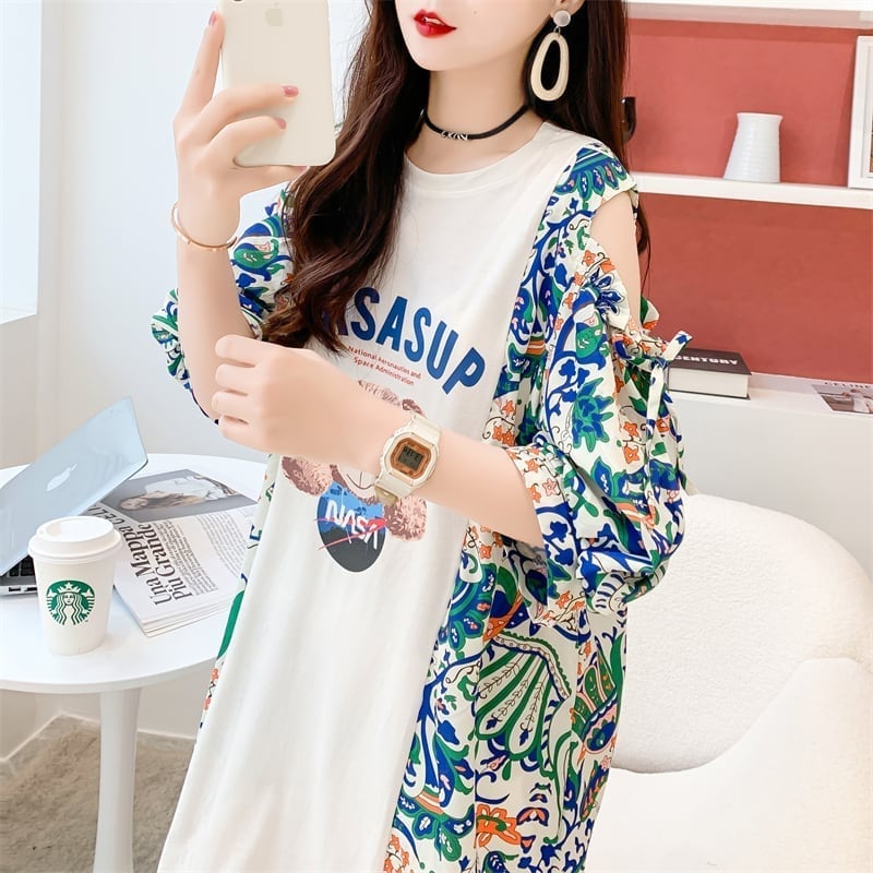 フライドストリート半袖トレンディな韓国風ラウンドネックTシャツ<S-2868>