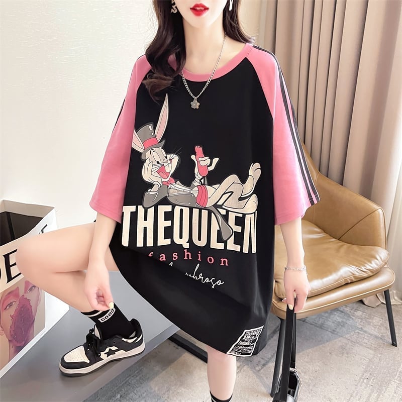キュートなウサギのカラーブロック半袖Tシャツ<S-2989>