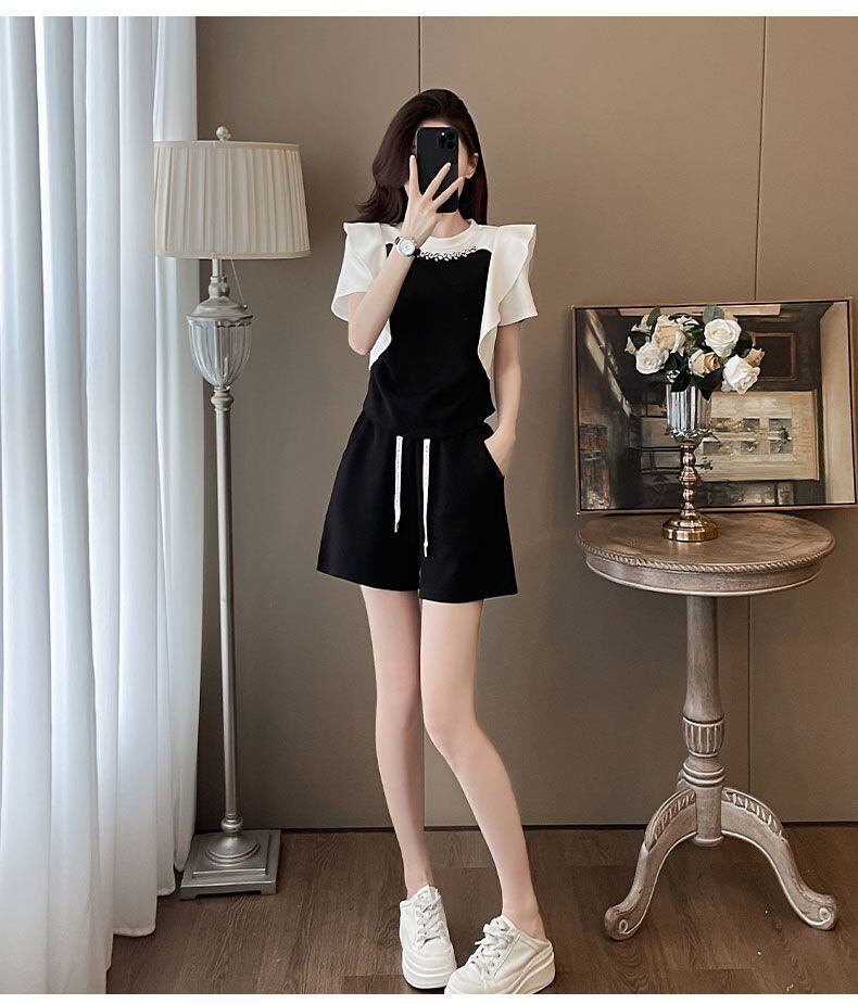 新商品 ホットダイヤモンド 絶対欲しい 切り替え 半袖 Tシャツ ショートパンツ セットアップ<S-8864>
