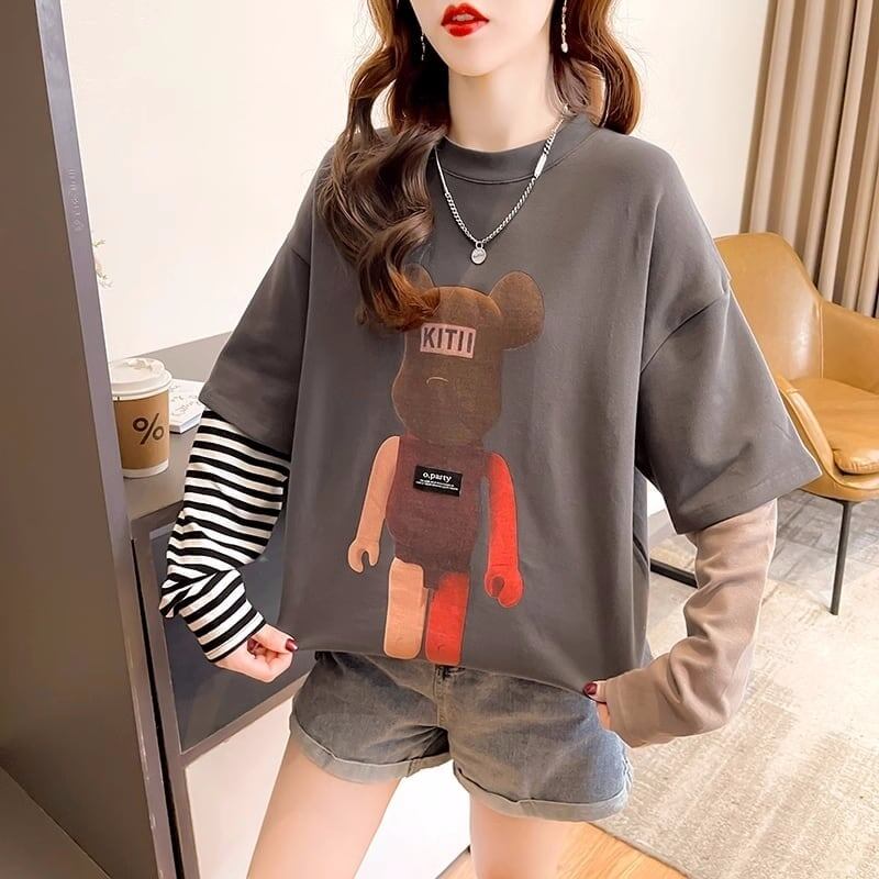 可愛いクマちゃんプリント レイヤード風 ストライプ柄 長袖Tシャツトップス＜S-4109＞