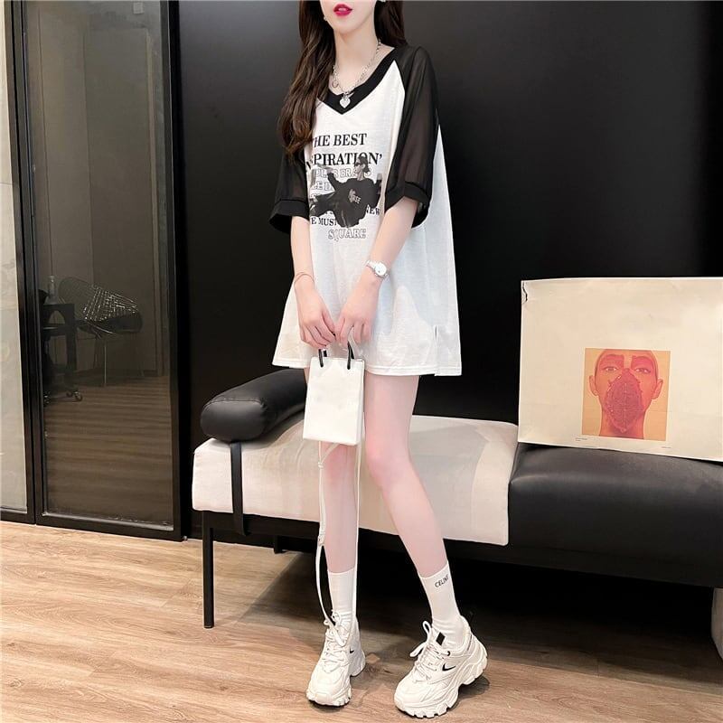 好感度満載 切り替え 美感いっぱい プリント Tシャツ カットソー＜S-3479＞