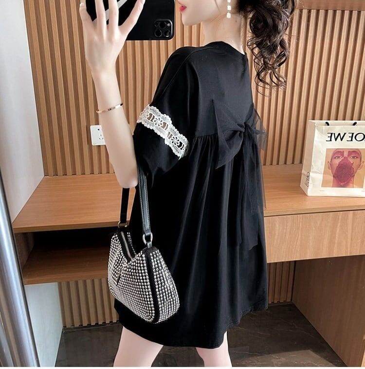 着心地良い レース切り替え リボン プリントTシャツ ゆったり半袖＜S-2889＞