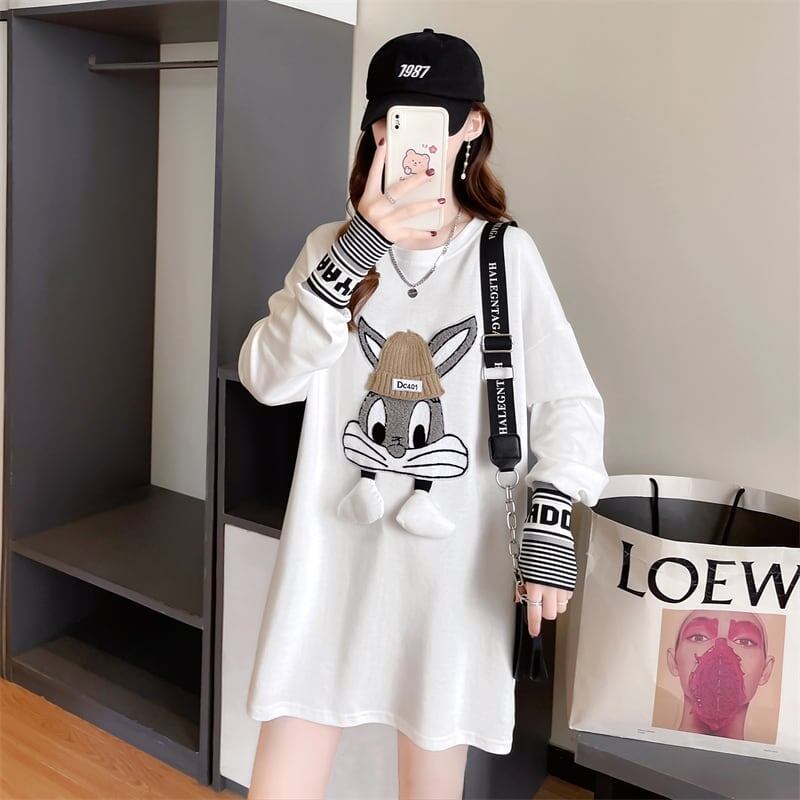 【秋の初めの割引！！】美人度アップ トップス ウサギちゃん 二色 長袖Tシャツ ＜S-4007＞