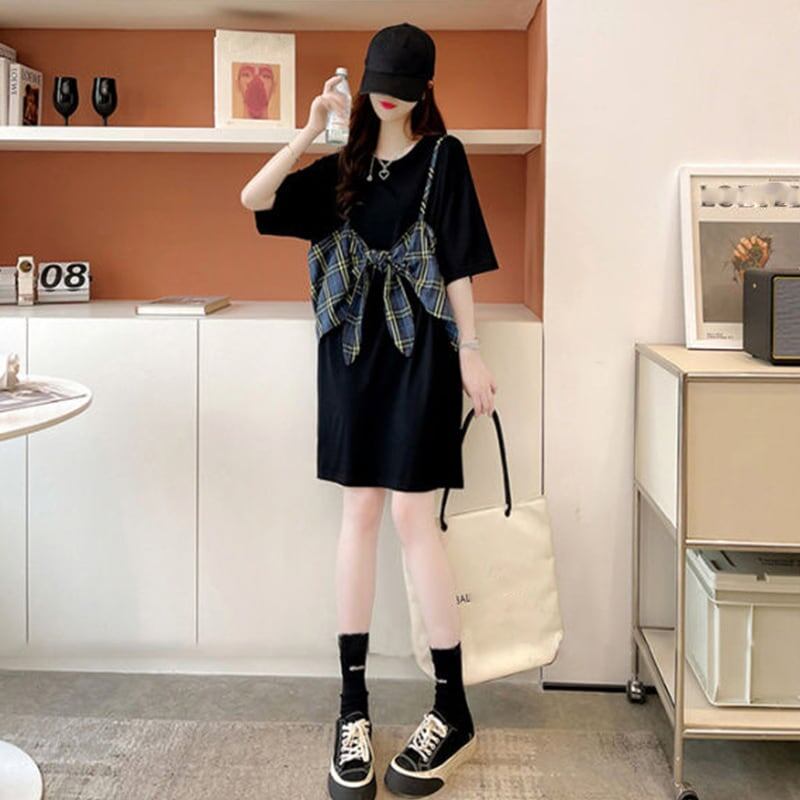 美人度アップ プリント 美腿効果抜群 Tシャツ カットソー ワンピース＜S-3357＞