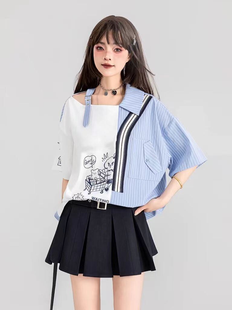 話題沸騰中 キュートストライプ柄 ファッション 切り替え 半袖Tシャツ＜S-8695＞