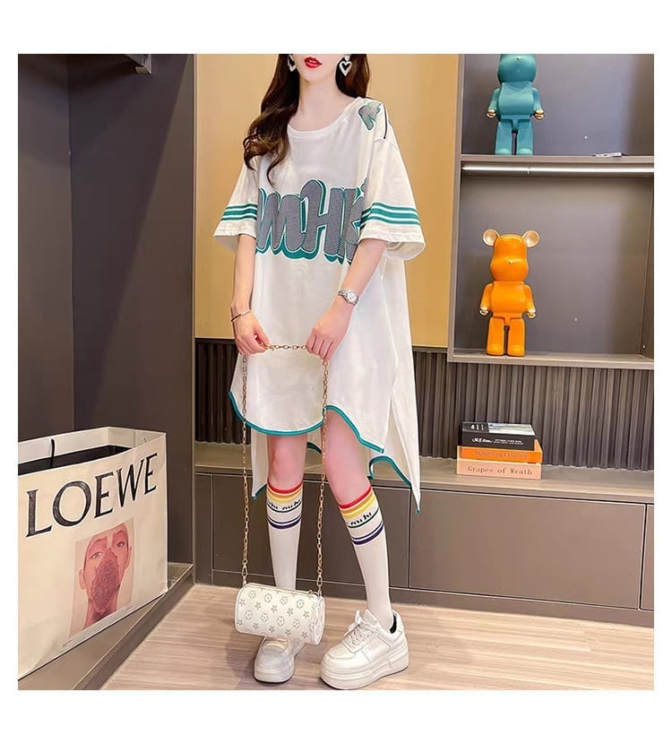 おしゃれ度アップ アルファベット フィッシュテール プリントTシャツ ゆったり半袖＜S-3012＞