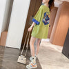 韓国系 ドロップショルダープリント ラウンドネック ロング Tシャツ 三色 ゆったり半袖＜S-3011＞