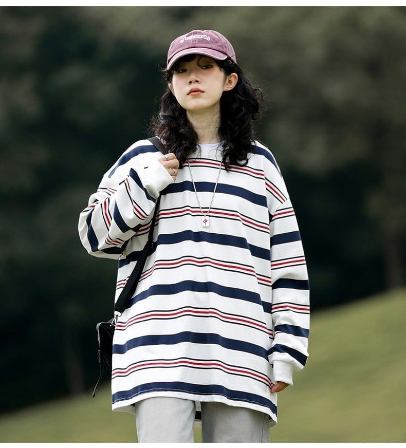 おすすめ 二色 ストライプ柄切り替え 長袖Ｔシャツ トップス＜S-4129＞