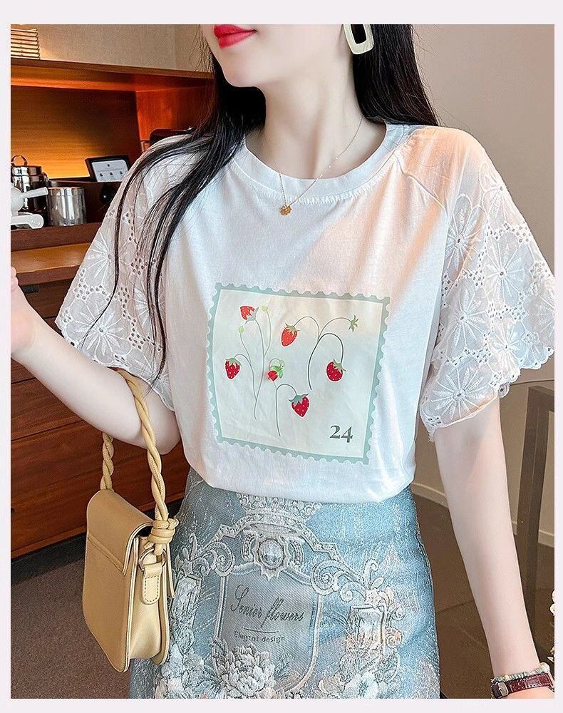 大好評 レース 上質 刺繍 切り替え 全2色 半袖Tシャツ＜S-8869＞
