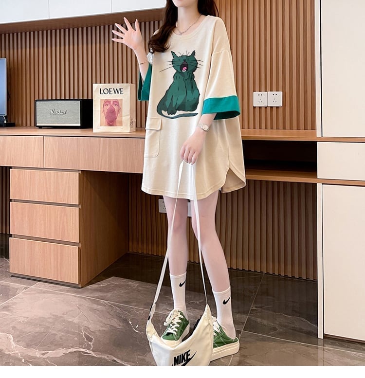 ユニークなデザイン気質のカラーブロック半袖Tシャツ<S-2900>