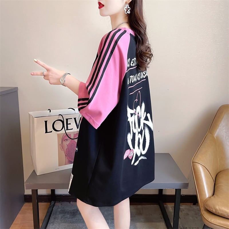 好感度UP グラフィック ストライプ柄 ラグランTシャツ ゆったり ワンピース＜S-3994＞