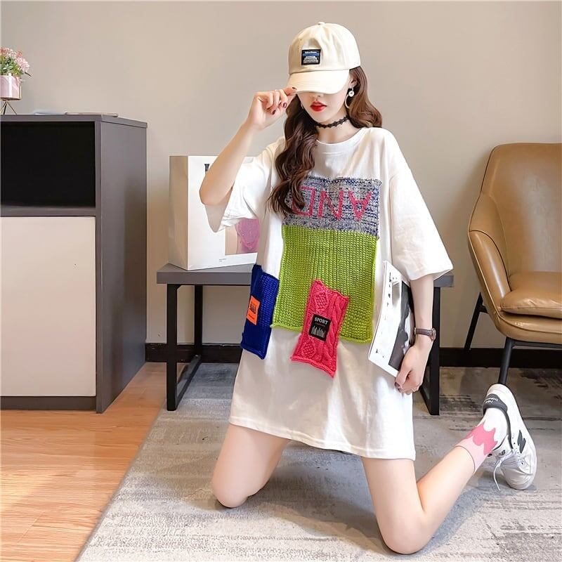 【半額！期間限定！！】ゆったりロング丈切り替え三色半袖Tシャツ＜S-1565＞