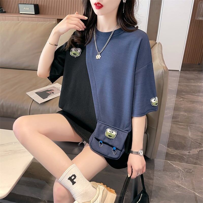 合わせやすい ワッフルTシャツ 切り替え かえるくん ゆったり半袖＜S-2992＞