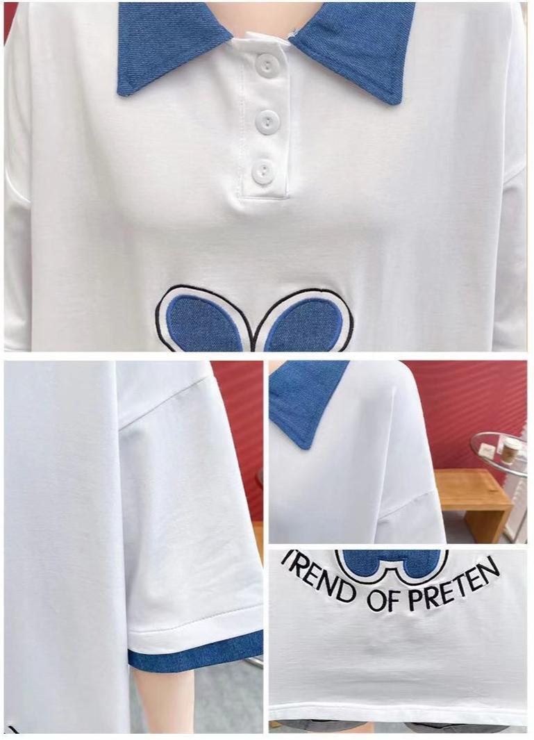韓国系 ウサギちゃん POLOネック プリントTシャツ 三色 ゆったり半袖 ＜S-3056＞
