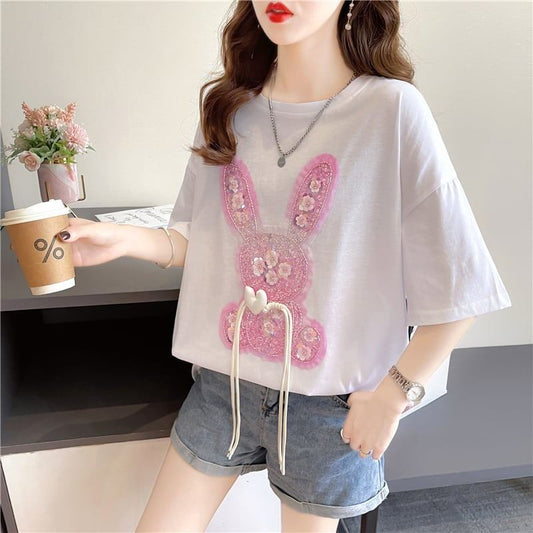 デザイン感 切り替え チャーミング プリント Tシャツ カットソー＜S-3425＞
