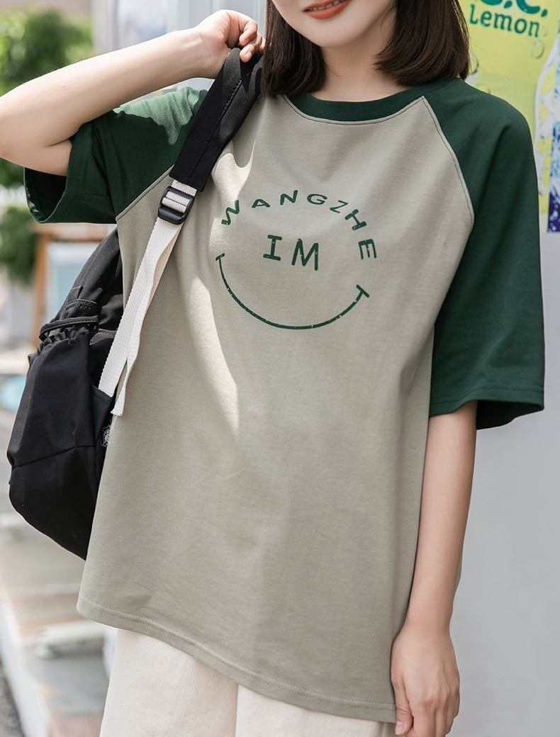 カラーマッチング スマイル ラグランTシャツ アルファベットプリント半袖 ＜S-2972＞