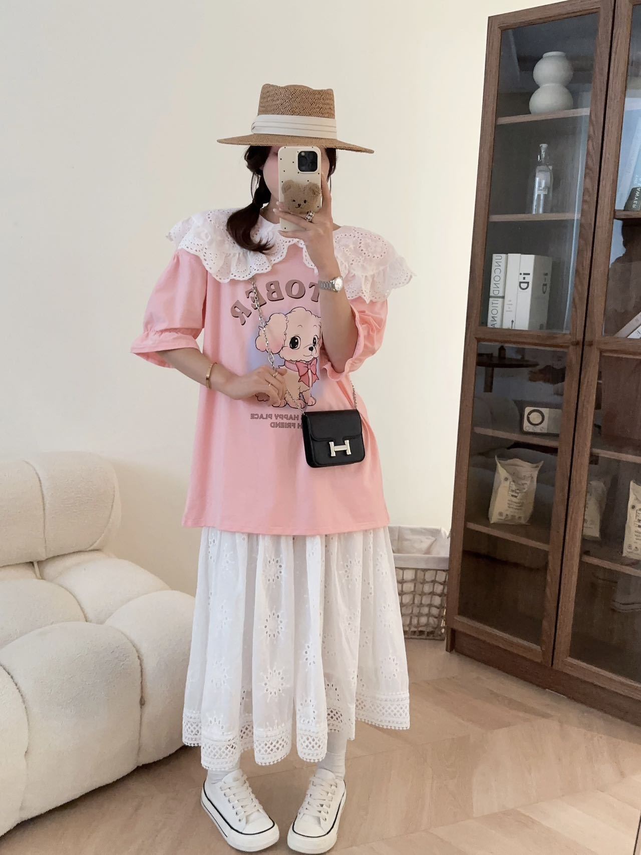 スウィート ワンちゃんロゴ 韓国系 ゆったりTシャツ半袖<S-4882>