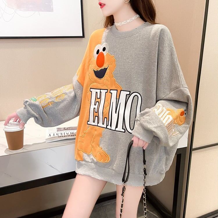 ゆったりとした重工業刺繍漫画長袖トップ<S-5083>