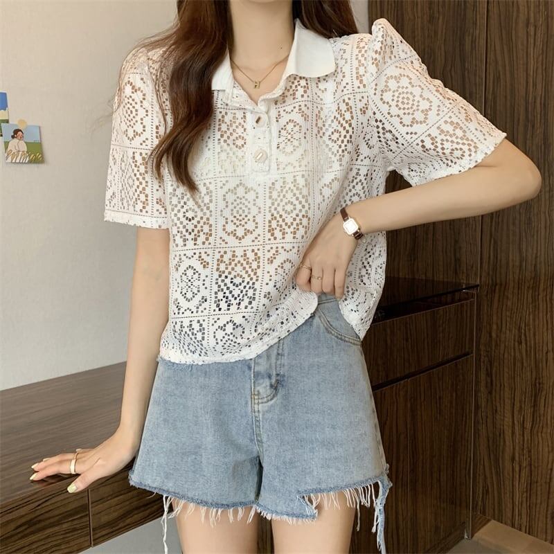 ファッション 透かし彫り 美人度アップ POLOネック Tシャツ カットソー＜S-3234＞