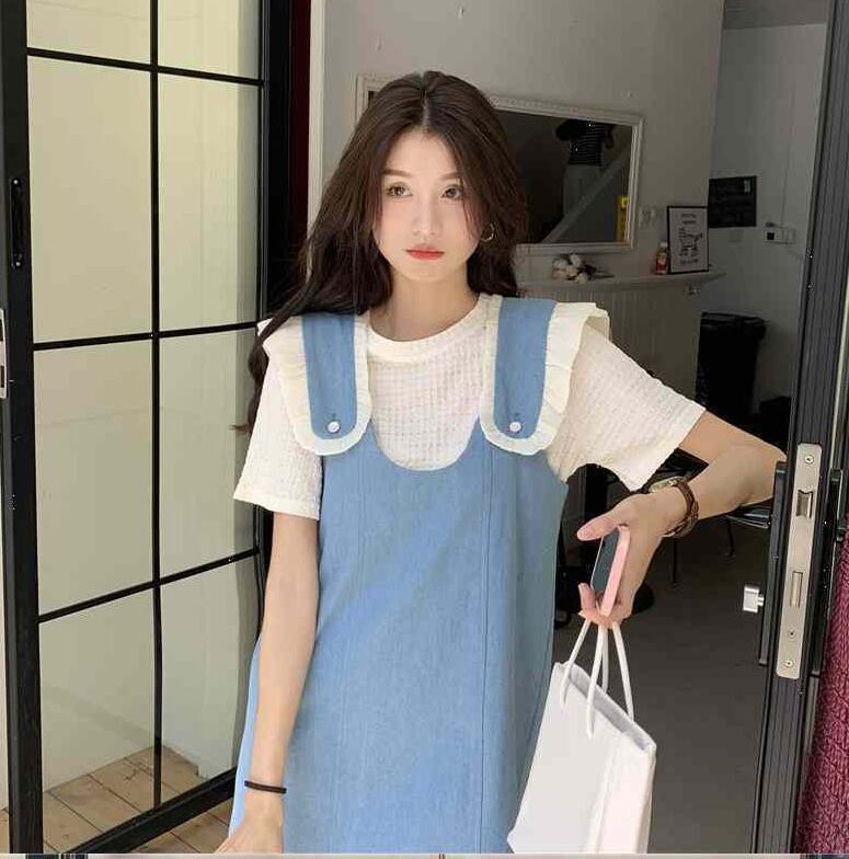 美人度アップ デニム 大人可愛い 全2色 半袖Tシャツ+サスペンダースカート セット<S-8782>