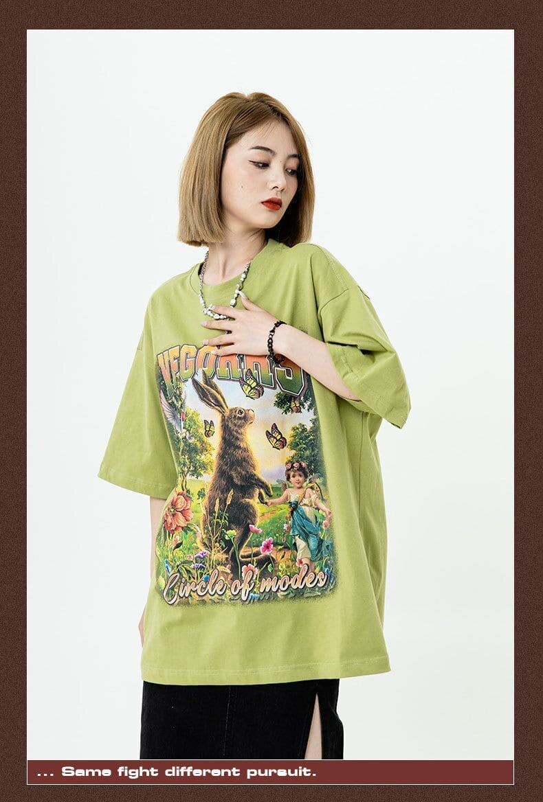 アメリカンレトロ絵画ウサギ半袖Tシャツカップル男女同スタイル<S-2910>