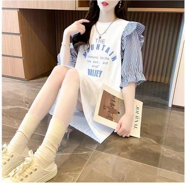 夏新作 カラーマッチング スカラップスリーブ ロング Tシャツ ゆったり 5分袖 ＜S-2854＞