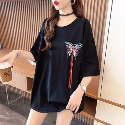 最新デザインセンス刺繍純綿ルーズ半袖Tシャツ<S-2949>