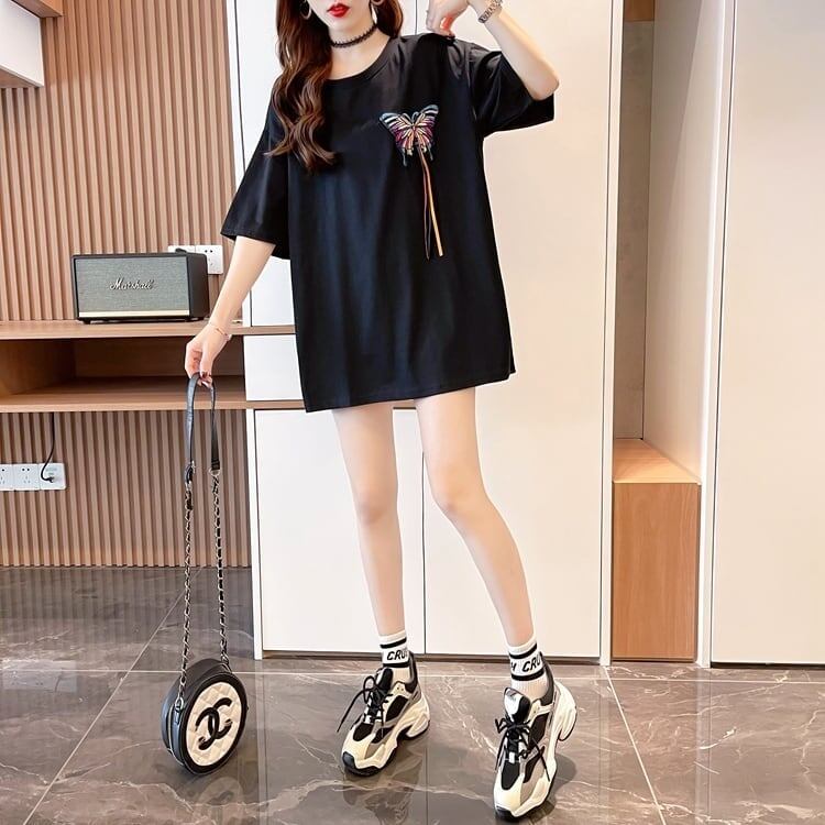 最新デザインセンス刺繍純綿ルーズ半袖Tシャツ<S-2949>