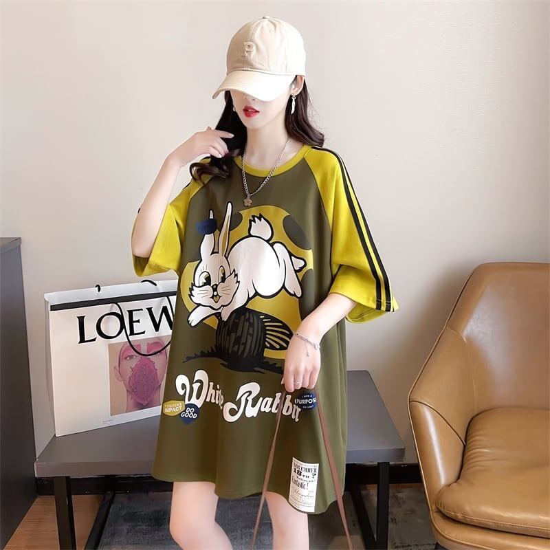 好感度UP グラフィック ストライプ柄 ラグランTシャツ ゆったり ワンピース＜S-3994＞