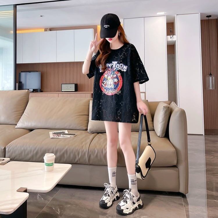 ハイエンドデザインセンスレース中空ルーズミドル丈半袖Tシャツ<S-3035>