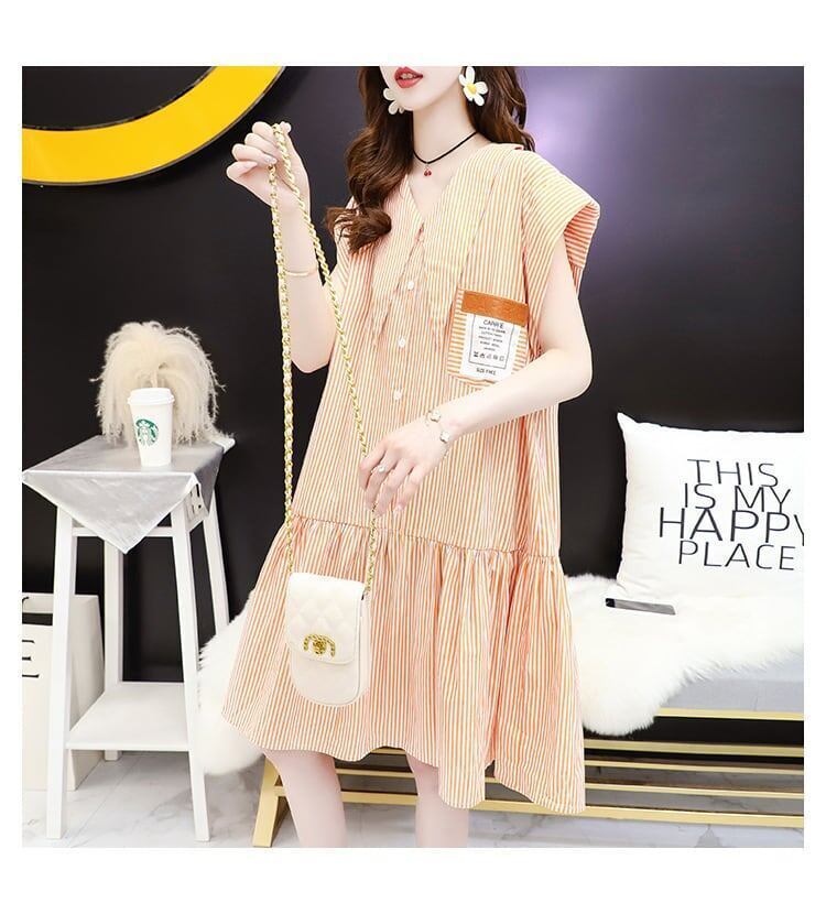 洋風VネックワンピースTシャツゆったりスリム半袖スカート<2857>